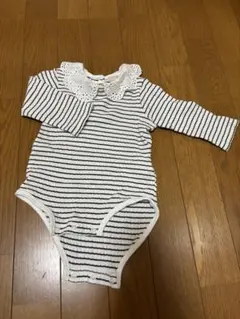 petit main ストライプ レース襟ロンパース 80長袖　袖なし2枚組