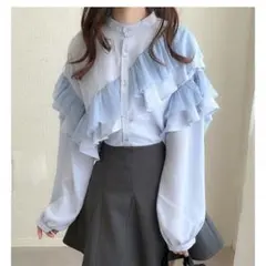 【GRL グレイル】 チュールフリルボリュームスリーブ ブラウス サックスブルー