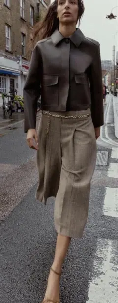 ZARA 千鳥格子柄ベルト付きロングバミューダパンツ　Mサイズ