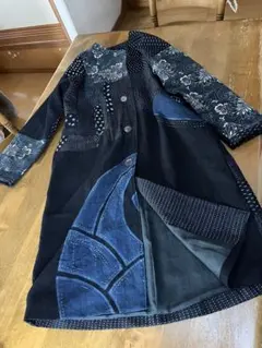 古布リメイクコート　型染　絣　パッチワーク　襤褸　刺子　総裏　ハンドメイド