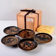 和食器　輪島塗　高崎秋峰作　高台寺蒔絵　五聖絵替　銘々皿　五客　共箱　C8533 和食器 輪島塗 高崎秋峰作 高台寺蒔絵 五聖絵替 銘々皿