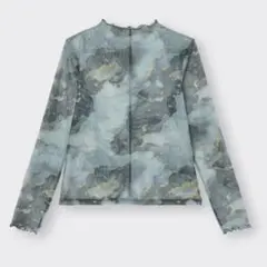 GU シアープリントボトルネックT 長袖 ダークグレー シアーシャツ タイダイ柄