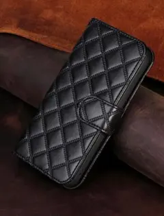 【Iphone15】十字柄 フリップ型 防衝撃 レザー製ケース　ブラック