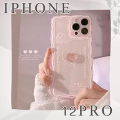 iPhone12pro ケース カバー ピンクハート ウェーブフレーム クリア
