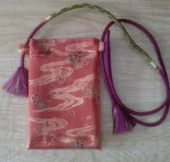 帯リメイクバッグ　ミニショルダー　茶色系　もみじ　花　流水柄