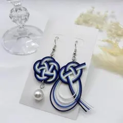 水引ピアス あわじ結び×梅結び 藍 調べ 藍瞬