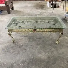 引き取り限定 ガラス センターテーブル 薔薇 アイアン脚 ゴールド 120cm