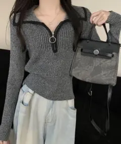 ABITOKYO ハーフジップ配色パイピングリブニットトップス アビトーキョー