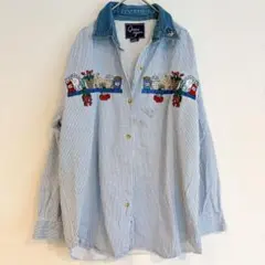 Quiz Again ストライプ刺繍長袖シャツ レトロ ポップ 水色 デニム