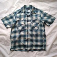 バックナンバー半袖シャツ開襟オンブレチェックレーヨンシャドーグランジ短丈青L