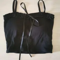 カップ付きキャミソール ショート丈 黒 リボン レース インナー 下着 無地柄