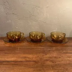 昭和レトロ アデリア アンバーガラス カップ&ソーサー 美品 三客