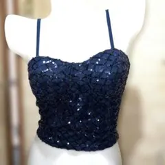 ネイビー ビーズ装飾 タンクトップ