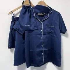 【美品】GU サテンパジャマ 5点セット スリーピーセット 半袖 ネイビー Lのサムネイル
