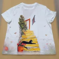 黒猫 蝶々 水彩画風 Tシャツ XL