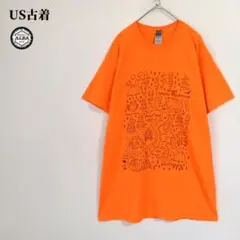 GILDAN　Tシャツ　US古着　USA直輸入　アートデザイン　オレンジ　橙　M