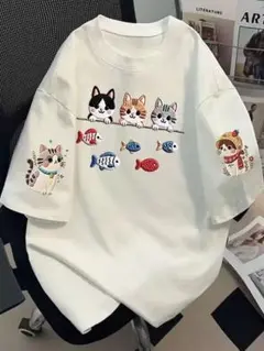 可愛い猫と魚のプリント 半袖Tシャツ ホワイト サイズ：3XL 綿：100%のサムネイル
