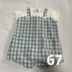 【美品】プチバトー　チェック　サロペット風　ロンパース　67㎝