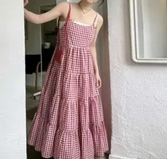 赤と白のギンガムチェック キャミワンピース