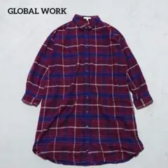 H3-3958　オーバーサイズ長袖シャツ　ロング丈　綿　L【グローバルワーク】