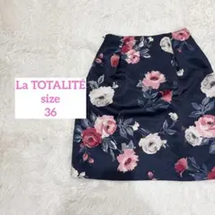 【ラトータリテ】膝丈スカート/花柄プリント/ダークネイビー/36/大人きれいめ
