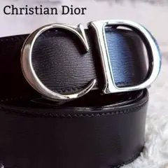 クリスチャンディオール シルバーバックル レザーベルト CD ロゴ金具 ブラック
