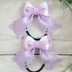 パープルホワイトミニリボン　グログランリボン　キッズヘアゴム　ハンドメイド　子供