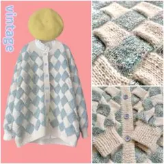 昭和レトロ︎ヴィンテージ古着︎✦︎手編み︎✦︎白 水色 バスケット編み︎✦︎ニットカーディガン