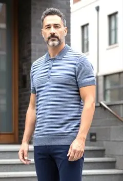 美品】アルマーニエクスチェンジ レーヨン混 ニットポロシャツ ブルー系 M