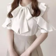 ホワイト フリル リボン 半袖ブラウスGRL