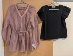 トップスまとめ売り　ピンク　長袖シアーシャツ　黒　フリル袖　半袖カットソー