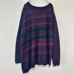 ★ボルドー ブラック ボーダー柄 ニットプルオーバー 【XL】 大きいサイズ