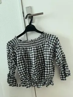 黒白チェック柄 五分袖ブラウス オフショルダー Lサイズ