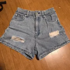 デニムショートパンツ ダメージ加工 ハイウエスト