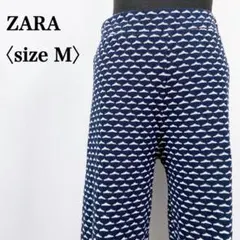 【大人気】ZARAザラ　ネイビー×ホワイト ジャカード柄ニットフレアパンツ