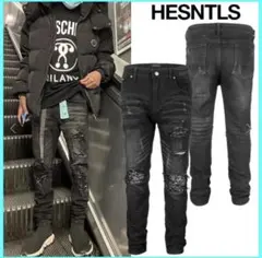 HESNTLS ブラック スキニージーンズ ダメージ加工