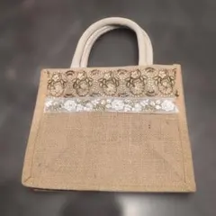 インド刺繍リボン装飾付きジュートバッグ