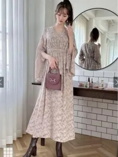 GRL袖2Way花柄シフォンフレアワンピース2枚セット