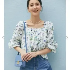 セブンテン フラワープリントパフスリーブ ブラウス 半袖 ブルーM 