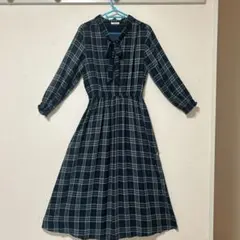 【美品】チェック柄七分丈ワンピース ネイビーとグリーン　GLACIER