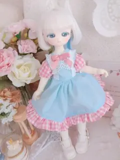 水色×ギンガムチェックピンクフリルワンピース／1/6ドール服のサムネイル