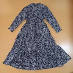 GUネイビー花柄長袖ロングワンピース