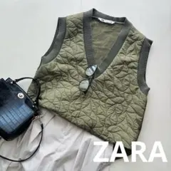 【美品】ZARA ザラ キルティング ニット ベスト カーキ グリーン