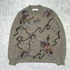 O0's vintage 里苑 長袖 ニット セーター 花柄 刺繍 グレージュ