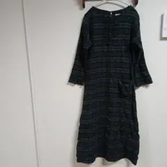 ネイビー・グリーンチェック 長袖ロングワンピース