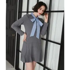 グレー ミニワンピース 長袖 リボン付き