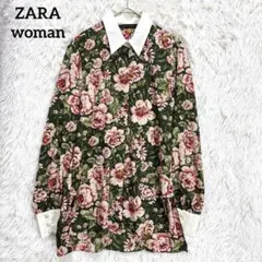 ザラウーマン　ZARA ブラウス　シャツ　グリーン　ピンク　S 花柄　総柄　長袖のサムネイル