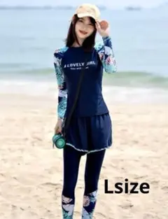 ラッシュガード 水着 長袖 3点セット 体型カバー ネイビー 花柄 L