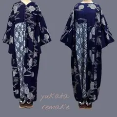 (う21) 2WAYで楽しむ✨ 菊花と流水に麻雀柄が映える浴衣リメイクワンピース