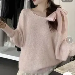 スパンコール ワンショルダー リボン ニット